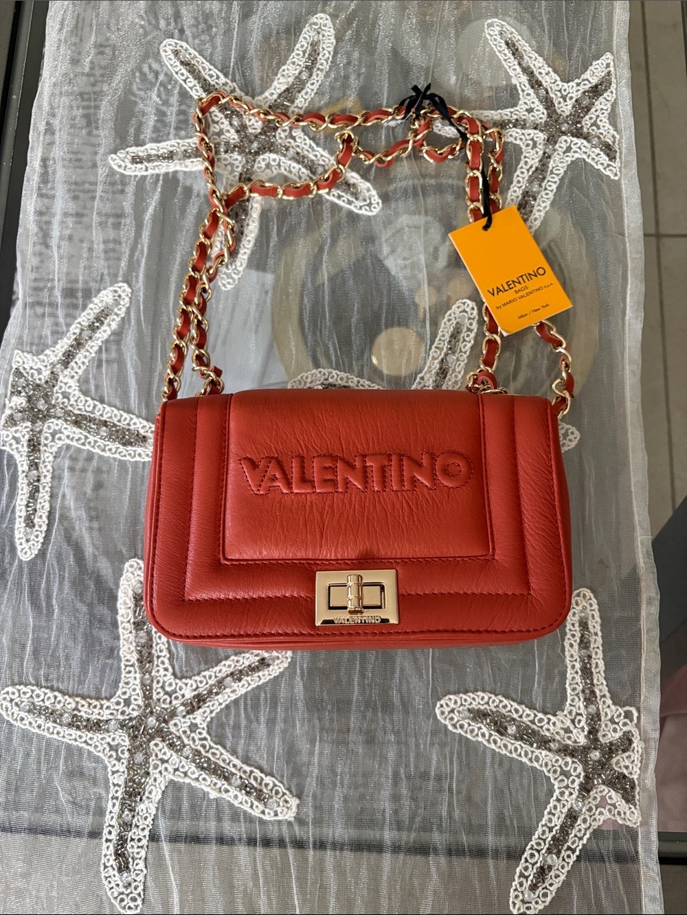 Valentino Red Leather Chain Crossbody Bag with Gold Hardware